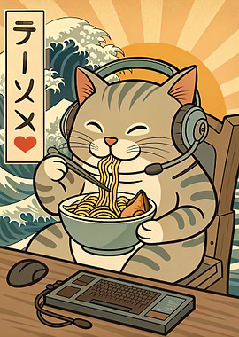 Cat Gamer Eating Ramen Illustration