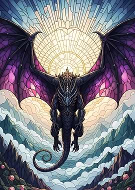 Stained Glass Dragon Over Mountains