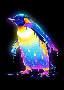 Colorful Dripping Penguin on Black Background
