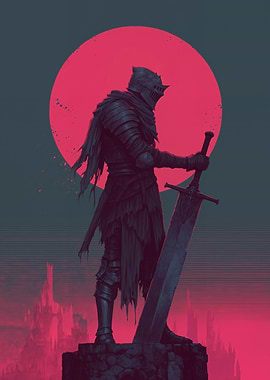 Dark Knight with Sword and Red Sun