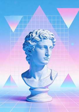 Vaporwave Bust with Triangles and Grid