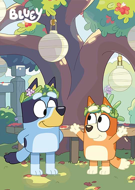 Bluey and Bingo with flower crowns