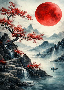 Japanese Landscape with Red Moon