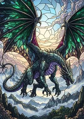 Stained Glass Dragon Over Mountain Landscape