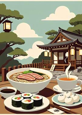 Japanese Cuisine with Temple Background