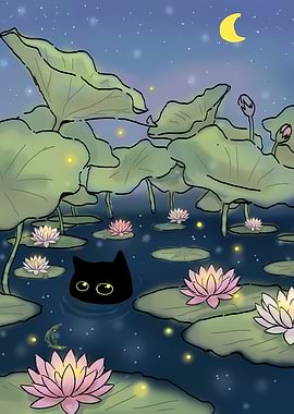 Black Cat in Lotus Pond at Night