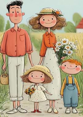 Cartoon Family Walking in the Countryside