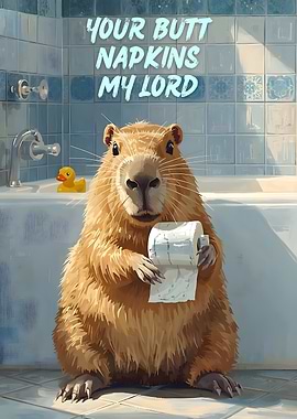 Capybara with Toilet Paper in Bathroom