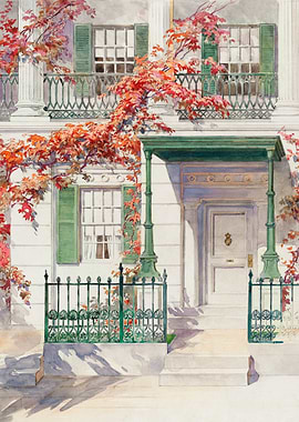 Watercolor House Facade with Autumn Vines