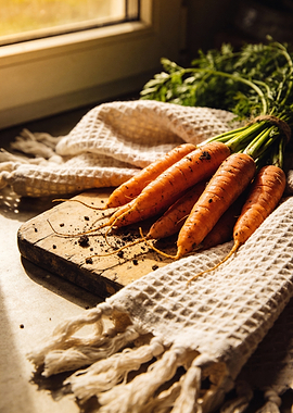 Fresh Carrots on Wooden Board