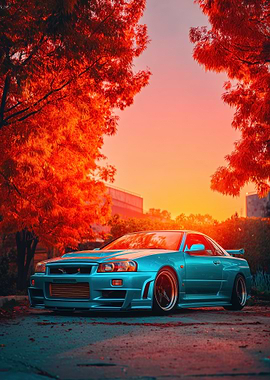 Teal Nissan Skyline R34 at Sunset