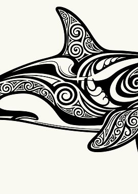 Tribal Orca Whale Black and White Batik Art 2/3