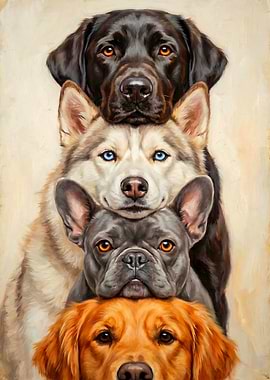 Stacked Dogs Portrait Painting
