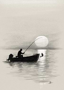 Fisherman in Boat at Sunset