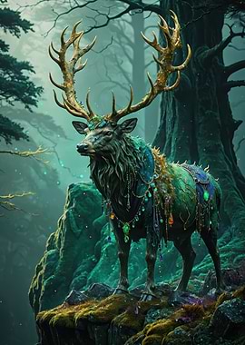 Enchanted Stag — Majestic Forest Deer with Golden Antlers and Jewels