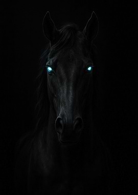 Black Horse with Glowing Blue Eyes