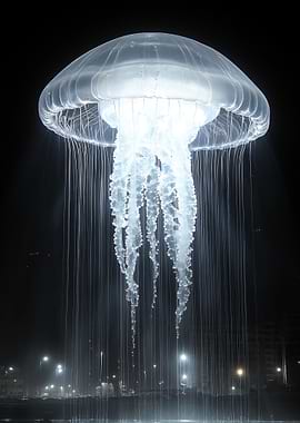 Illuminated Jellyfish Sculpture at Night