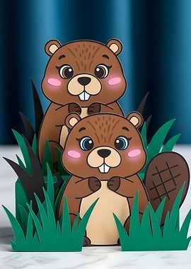 Two Cartoon Beavers in Green Grass