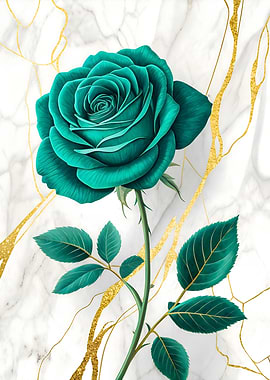 Elegant Turquoise Rose and Gold Veins on Marble Artwork