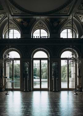 Ornate Hall with Lake View