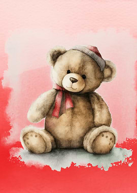 Watercolor Teddy Bear with Scarf and Hat