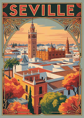 Seville Cityscape Vintage Travel Poster