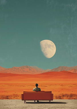 Man on couch in desert landscape