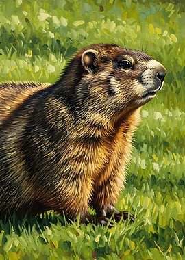 Groundhog Portrait in Green Grass Painting