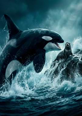 Orca and Seal in Ocean