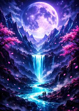 Fantasy Landscape with Waterfall and Moon