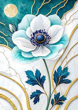 Luxury Anemone Flower Art with Moon and Gold Marble Design