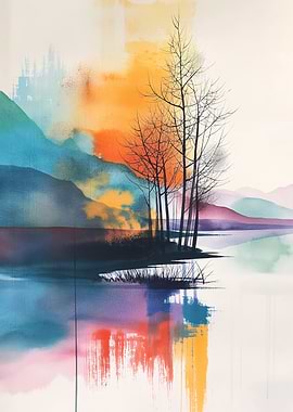 Watercolor Landscape with Trees and Lake