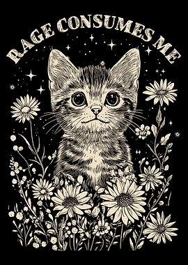 Rage Consumes Me Kitten Poster, Whimsical Cat Art Print, Vintage Engraved Wall Decor