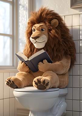 Lion Reading Book on Toilet