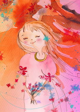 Girl with Flowers Blowing in the Wind