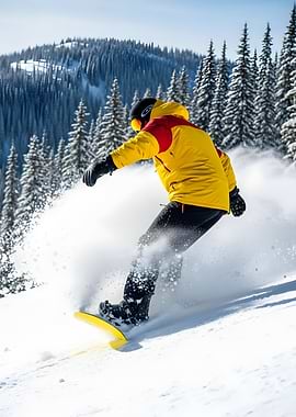 Snowboarder carving through fresh powder snow