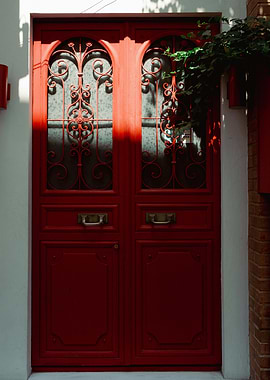 Ornate Red Door with Ironwork Details