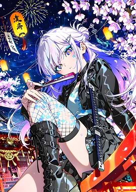 Anime Girl with Katana and Fireworks