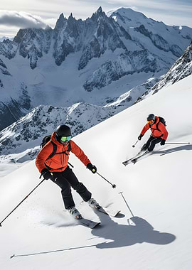 Two Skiers on Snowy Mountain Slope