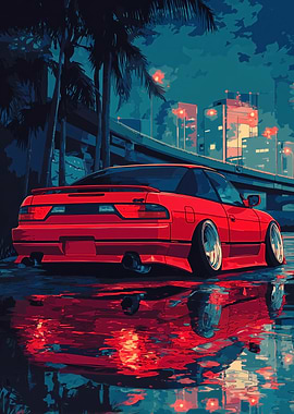 Red Car Reflection in Cityscape