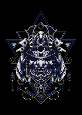 Samurai Mask with Geometric Background