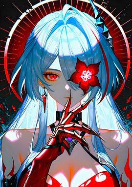 Anime Girl with Red Flower and Claws