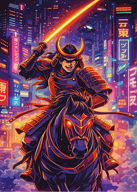 Cyberpunk Samurai on Horseback
