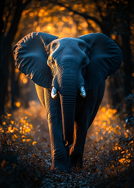 Elephant Walking Through Forest at Sunset