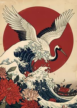 Japanese Crane with Waves and Flowers