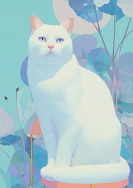 Elegant White Cat with Floral Background