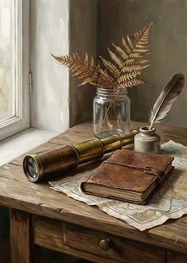 Vintage Still Life with Telescope and Map