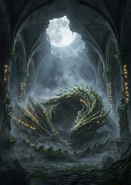 Dragon in Ancient Ruins Under Moonlight