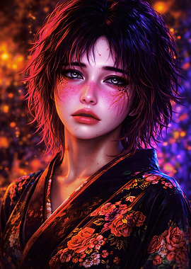 Anime Girl in Floral Kimono Portrait