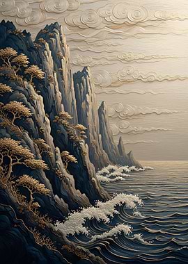 Asian Coastline Cliffs – Nature Asie Gilded Zen Relief Art